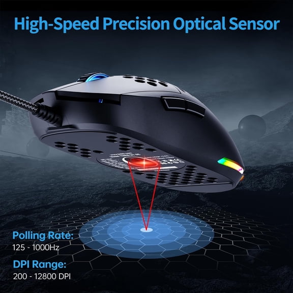 TYFRW-TMKB Falcon M1SE Ultralight Honeycomb Gaming Mouse, High-Precision 12800DPI Optical Sensor, 6 Programmable Buttons, Customizable RGB, Drag-Free Paracord, Ergonomic Wired Gaming Mouse - Matte Bl