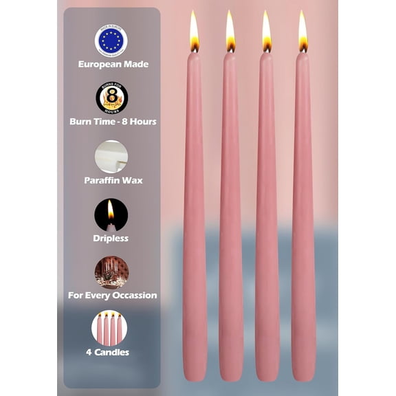 TYFRW-Tall Taper Candles - 10 Inch Rose Pink Unscented Dripless Taper Candles - 8 Hour Burn Time - 4 Pack