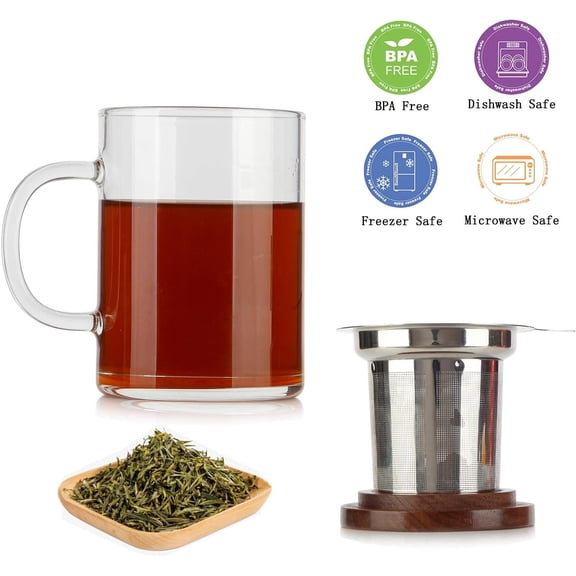 TYFRW-Tea Cup with Infuser Walnut Lid&Handle, Glass Tea Cups with Wide Mouth Extra Large Capacity, Stainless Steel Tea Infuser Mug for Loose Leaf Tea Steeping(14oz/400ml)