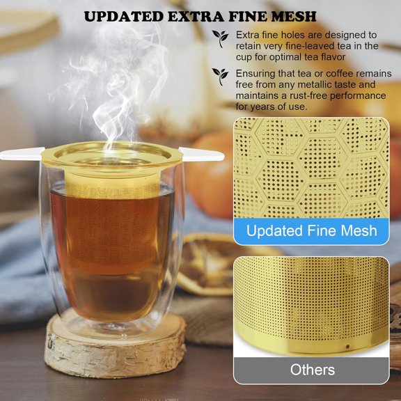 TYFRW-Tea Infuser for Loose Leaf Tea, Extra Fine 304 Stainless Steel Tea Strainer Stepper with Heat-Resistant Silicone Handles and Lid, Large Capacity Tea Basket Filter for Mug, Cup (Gold)