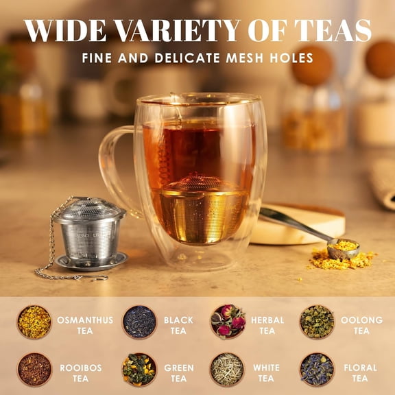 TYFRW-Tea Infuser Set of 2 with Tea Scoop & Drip Trays - 304 Stainless Steel Ultra Fine Mesh Loose Leaf Tea Strainer, Reusable Tea Steeper Basket for Rooibos, Green, Black, Herbal & Oolong Tea, etc