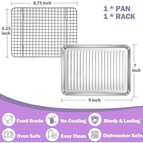 TYFRW-Toaster Oven Pan with Wire Rack, Stainless Steel Baking Oven Sheet Tray, Bacon Pan and Cooling Rack for Cooking Roasting Cookie, Dishwasher Safe & Easy Clean, 9 x 7 x 1 Inch