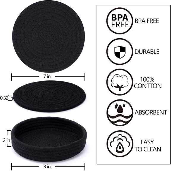 TYFRW-Trivets for Dishes, Pots and Pans, 7 Inch Hot Pads 5 Pcs with Storage Basket for Countertops, Pot Holders for Kitchen, Cotton Table Protector Hot Mats Heat Resistant (Black)