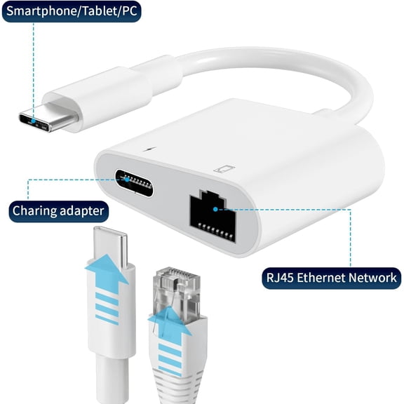 TYFRW-USB C to Ethernet Adapter,2 in 1 RJ45 Ethernet LAN Network Adapter with USB-C Charge Port Compatible with iPhone 17/16/15/New iPad and USB C Devices,Plug and Play,Supports 100Mbps Ethernet Netw