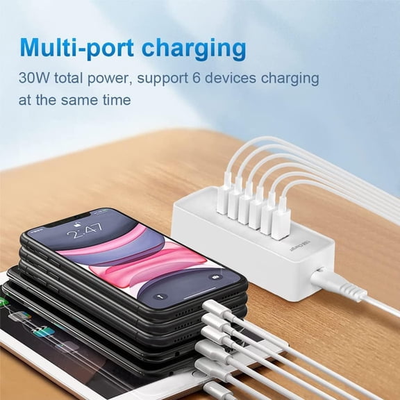 TYFRW-USB Fast Charger, 6-Port Portable Charging Station, Suitable for Various Devices, Compatible with iPhone, iPad, Samsung, Google, Xiaomi, Huawei and Other USB Charging Devices