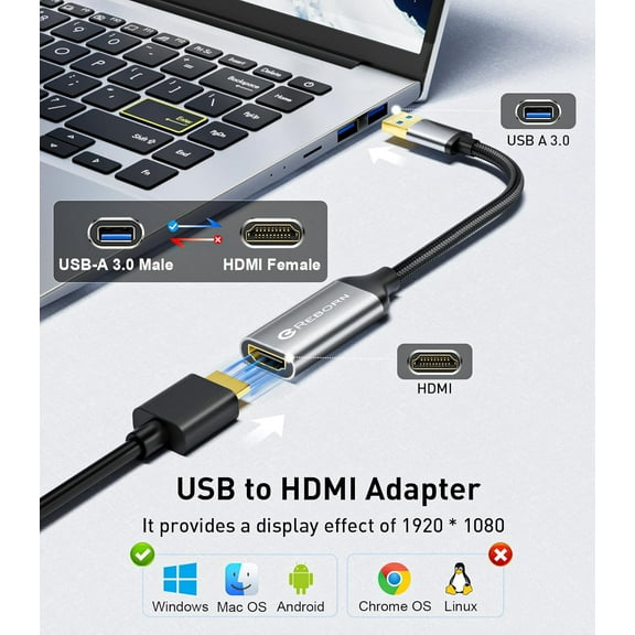 TYFRW-USB to HDMI Adapter, 1080P@60Hz USB 3.0 Male to HDMI Female Multi-Display Cable Converter Suitable for Macos Windows 7/8/10/11 - Driver Installation is Required