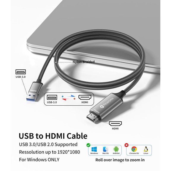 TYFRW-USB to HDMI Adapter Cable 3.3FT, 1080P@60Hz USB 3.0 to HDMI Multi-Display Cable Converter Suitable for Macos Windows 7/8/10/11 - Driver Installation is Required