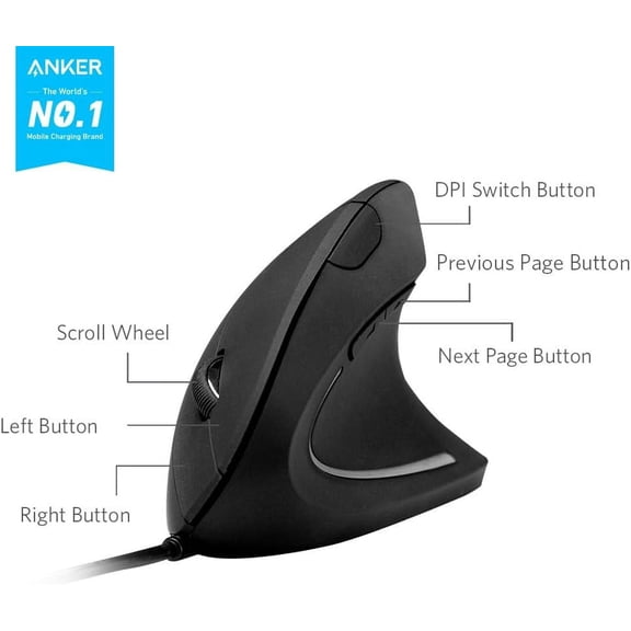TYFRW-USB Wired Vertical Mouse, Ergonomic Design Mouse for Computer and Laptop, 5 Buttons, 1000/1600 DPI, Optical Technology, USB Corded - Black