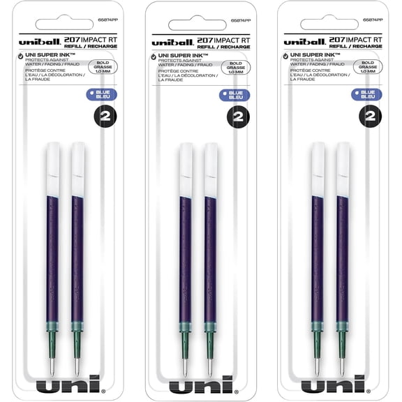 TYFRW-Uniball 207 Impact RT Retractable Pen Refills, 1.0mm Bold Point, Blue Ink, 6 Refills