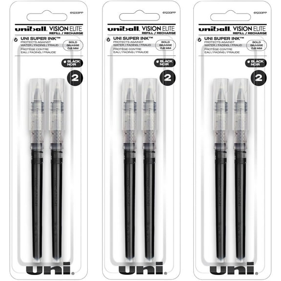 TYFRW-Uniball Vision Elite Rollerball Pen Refill, 0.8mm Bold Point, Black Ink, 6 Refills