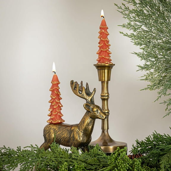 TYFRW-Unscented Textured Tree Shaped Taper Candles with Gold Tips in Box, Coral Color, Set of 2