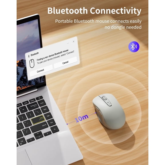 TYFRW-WL300 Bluetooth Mouse Silent Wireless Mice, Quiet Click, Cordless Computer Mouse with 6 Buttons, Sculpted Grip, Adjustable DPI for Laptop, PC, Mac, 18-Month Battery Life for Work TravelSilver-