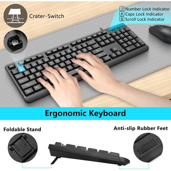 TYFRW-Wired Keyboard and Mouse Combo, Full-Size Spill Resistant Large Print Quiet Thin Computer Keyboard and Optical USB Mouse, Plug and Play for Windows PC, Mac OS Desktop/Laptop - Black