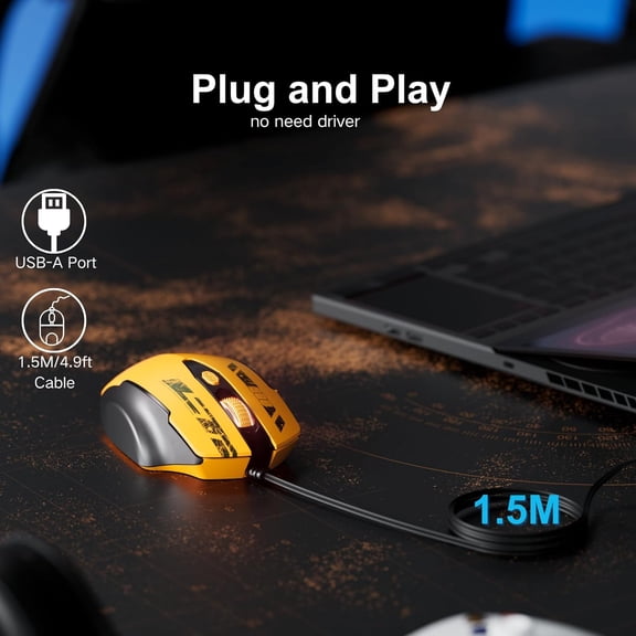 TYFRW-Wired Mouse, USB Mouse Wired with 6 Buttons Ergonomic Design,1.5M USB Cable Computer Mice 7200DPI Mice for PC Laptop, Yellow