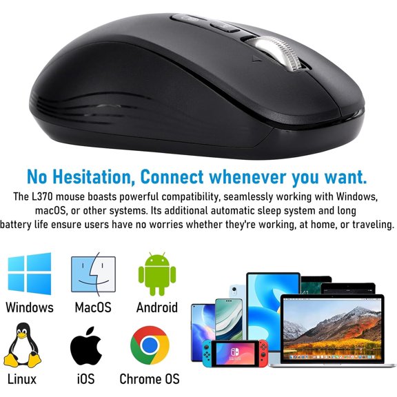 TYFRW-Wireless Bluetooth Mouse, 3-Device Multi-Mode (USB + 2 Bluetooth), 4-Way Metal Scroll Wheel, Adjustable DPI, Silent Click, Long Battery Life, Ergonomic Mouse for Laptop, PC, Mac, iPad (Dark Bla
