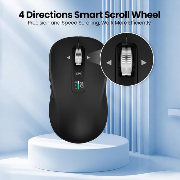 TYFRW-Wireless Bluetooth Mouse, 3-Device Multi-Mode (USB + 2 Bluetooth), 4-Way Metal Scroll Wheel, Adjustable DPI, Silent Click, Long Battery Life, Ergonomic Mouse for Laptop, PC, Mac, iPad (Black, 9