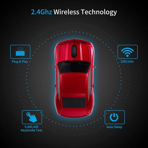 TYFRW-Wireless Car Mouse [Updated] with LED Headlights, 1600 DPI Sports Car Shaped Mouse for Mac, Computers, Red