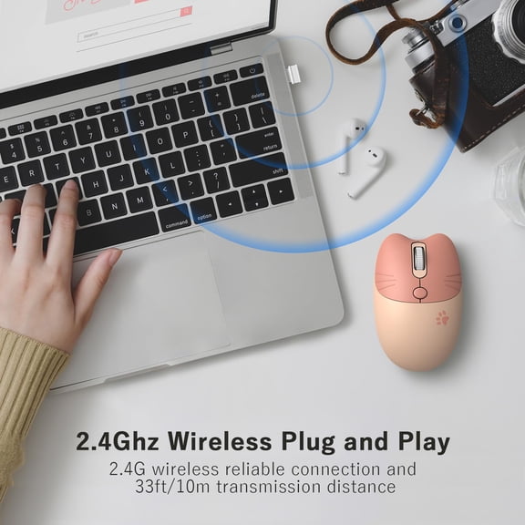 TYFRW-Wireless Compact Silent Mouse with Cute Cat Designs, 2.4GHz Plug and Play Wireless Opatical Mouse with USB Nano Receiver for Laptop/PC/Computer (Milk Tea Cat)
