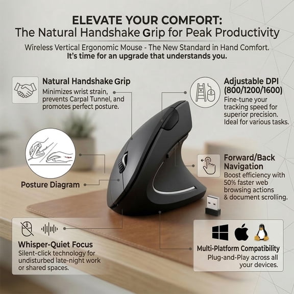 TYFRW-Wireless Ergonomic Mouse,2.4G USB Wireless Vertical Mouse,Adjustable DPI(800/1200/1600),Quiet Clicks,6 Buttons for Laptop,PC,Mac,Desktop Black