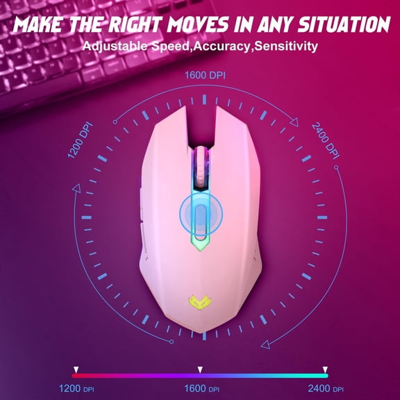 TYFRW-Wireless Gaming Mouse, Rechargeable Computer Mouse, 7-Color LED Light, Ergonomic Mouse with 6 Silent Click Buttons, 3 Adjustable 2400 DPI Wireless Mouse for Laptop,PC,Mac, Pink