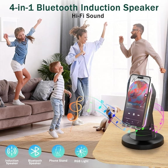 TYFRW-Wireless Induction Speaker with 360 Rotatable Base, Phone Stand with Bluetooth Speaker and RGB Light, Cell Phone Speaker Amplifier for Desk, Kitchen, Unique Tech Gifts for Men and Women (Black