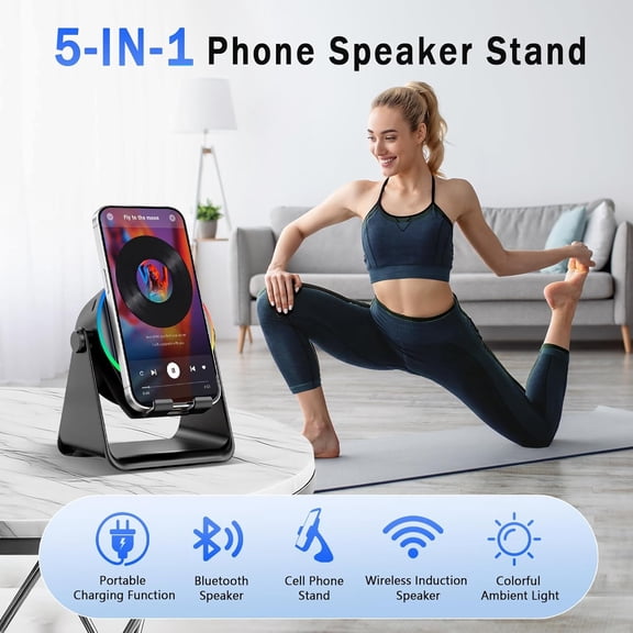 TYFRW-Wireless Induction Speaker, 5-in-1 Bluetooth Speaker with Phone Holder, 360 Rotation & RGB Lights, HD Stereo Sound for iPhone/Samsung/Android, Birthday Gifts for Men/Women/Teens