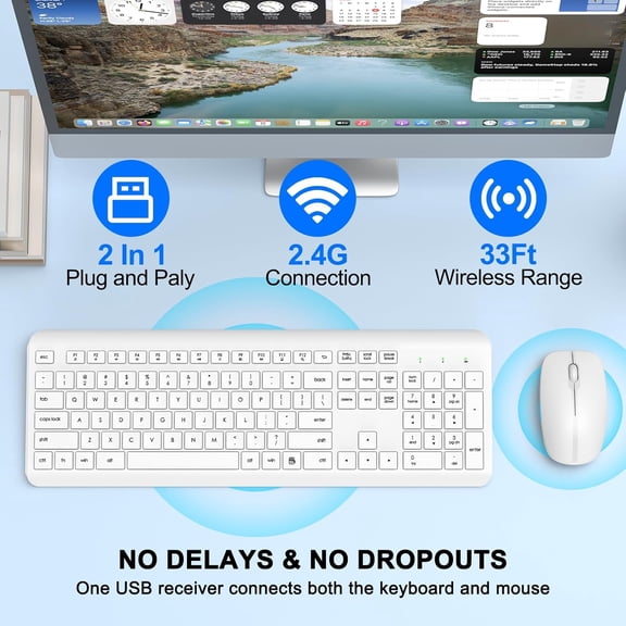 TYFRW-Wireless Keyboard and Mouse Combo, Full-Size Silent Ergonomic Keyboard and Optical Mouse, Long Battery Life, 2.4GHz Lag-Free Cordless Mice Keyboard for Computer, Mac, Laptop, PC, Windows(White)