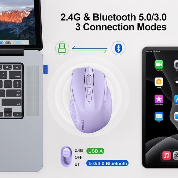 TYFRW-Wireless Mouse (2.4G & BT5.0/3.0) Silent 4800 DPI Computer USB A & Bluetooth Mouse 6 Buttons, Wide Compatibility - Lavender