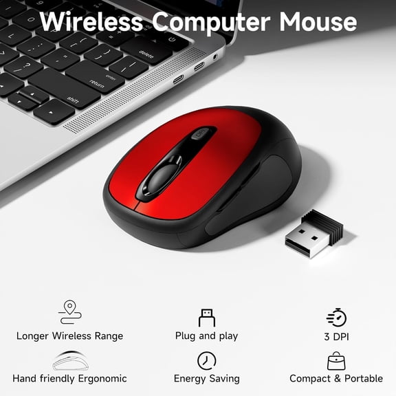 TYFRW-Wireless Mouse, 2.4GHz Nano Receiver, 3 DPI Levels (800/1200/1600), 6 Buttons, Compatible with PC/Mac/Laptop - Red