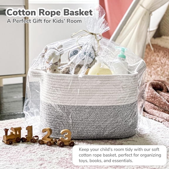 TYFRW-Woven Storage Basket, Small Laundry Basket for Clothes, Towels and Shoes, Rope Square Gift Organizer with Handles, Gray and White, 13 x 10 x 9 Inches