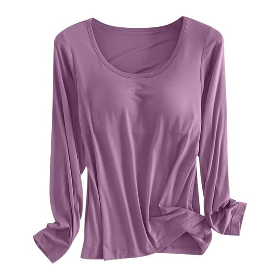 TYGHBN Built In Bra T Shirt for Womens Padded Long Sleeve Tops Active Blouses Soft Pajama Casual Shirts for Workout Thermal Inner Wear Women Ladies Thermal Tops Loose Fit Long Shirts for Men Thermal