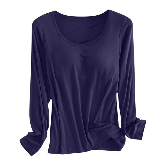 TYGHBN Built In Bra T Shirt for Womens Padded Long Sleeve Tops Active Blouses Soft Pajama Casual Shirts for Workout Thermal Inner Wear Women Ladies Thermal Tops Loose Fit Long Shirts for Men Thermal