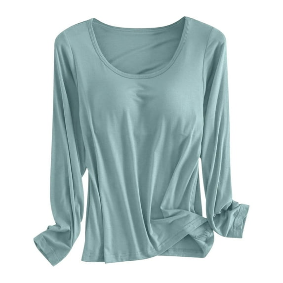 TYGHBN Built In Bra T Shirt for Womens Padded Long Sleeve Tops Active Blouses Soft Pajama Casual Shirts for Workout Thermal Inner Wear Women Ladies Thermal Tops Loose Fit Long Shirts for Men Thermal