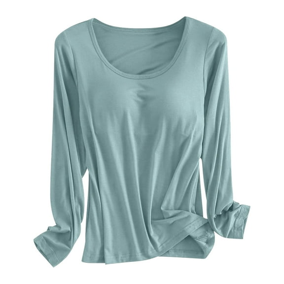 TYGHBN Built In Bra T Shirt for Womens Padded Long Sleeve Tops Active Blouses Soft Pajama Casual Shirts for Workout Thermal Inner Wear Women Ladies Thermal Tops Loose Fit Long Shirts for Men Thermal