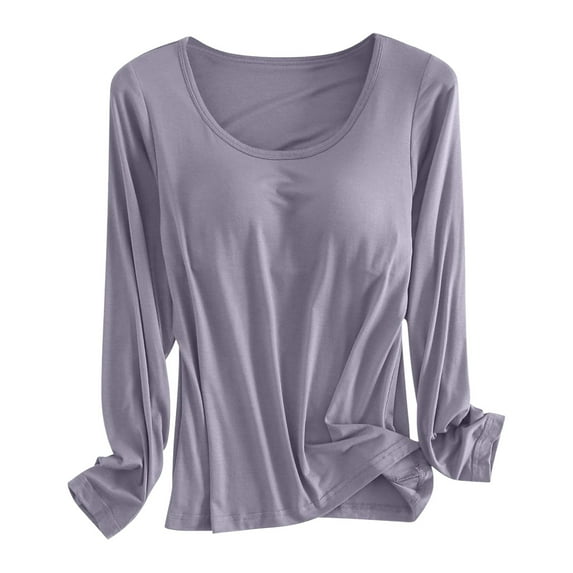 TYGHBN Built In Bra T Shirt for Womens Padded Long Sleeve Tops Active Blouses Soft Pajama Casual Shirts for Workout Thermal Inner Wear Women Ladies Thermal Tops Loose Fit Long Shirts for Men Thermal