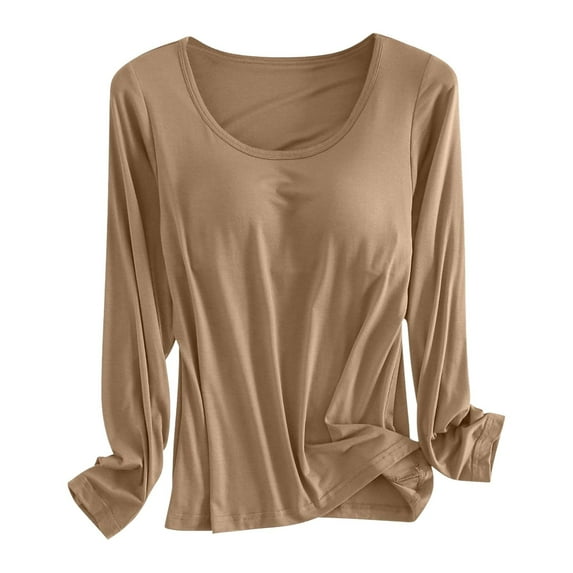 TYGHBN Built In Bra T Shirt for Womens Padded Long Sleeve Tops Active Blouses Soft Pajama Casual Shirts for Workout Thermal Inner Wear Women Ladies Thermal Tops Loose Fit Long Shirts for Men Thermal