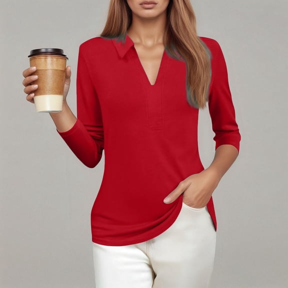 TYGHBN Casual Loose Solid Color V Neck 3/4 Sleeve Shirt for Women Women Summer Shirts Women S T Shirts Long Sleeve Shirt Women for Layering Womens Shirts Casual Casual Shirts for Women Summer Long