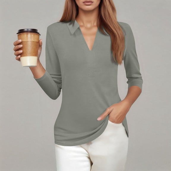 TYGHBN Casual Loose Solid Color V Neck 3/4 Sleeve Shirt for Women Women Summer Shirts Women S T Shirts Long Sleeve Shirt Women for Layering Womens Shirts Casual Casual Shirts for Women Summer Long