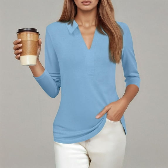 TYGHBN Casual Loose Solid Color V Neck 3/4 Sleeve Shirt for Women Women Summer Shirts Women S T Shirts Long Sleeve Shirt Women for Layering Womens Shirts Casual Casual Shirts for Women Summer Long