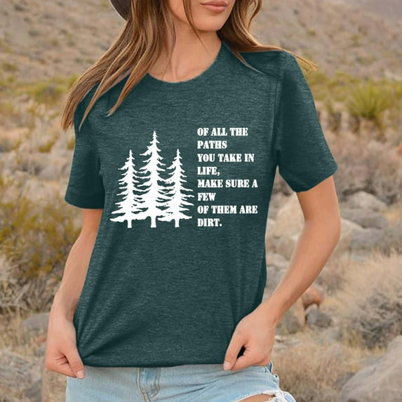 TYGHBN Casual Women's Solid Color Round Neck Short Sleeve T Shirt with Outdoor Letter Print Pattern Athletic Top Women Womens Short Sleeve Tops Loose Fit Dark Shirt for Women Women's T Shirt Short