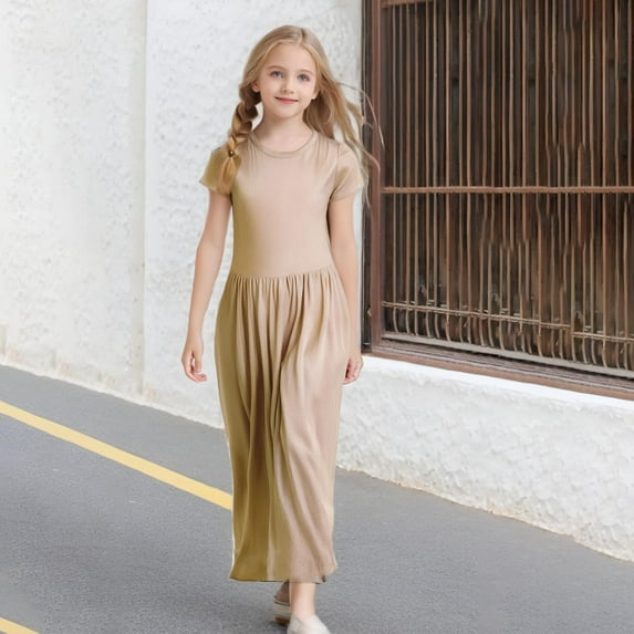 TYGHBN Girl's Short Sleeve Solid Color Loose Casual Long Maxi Dress with Pockets Kids Shoes 9 Month Fall Dress Girls Sweaters Size 8 Christmas Dress Toddler Girl 4t Girls Outfits Christmas Sweater