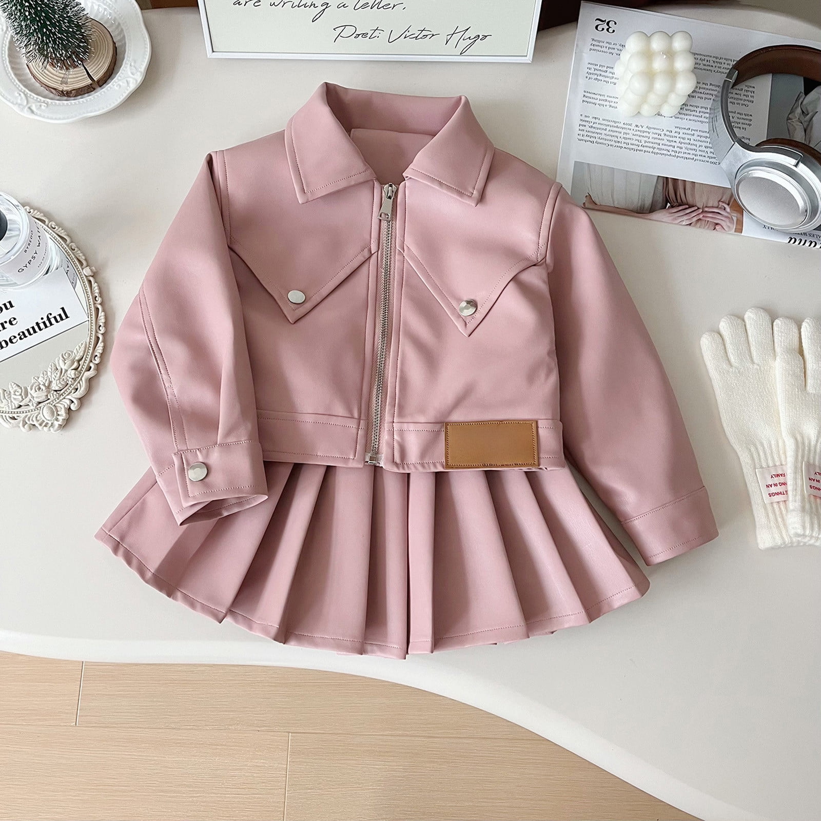 TYGHBN Girls' Leather Coat Pleated Skirt 2024 Autumn New Korean Fashion Cool Casual Jacket Children's Motorcycle Clothing Crop Top and Sweatpants Little Girl Outfits Baby Blankets for Girls Baby Girl