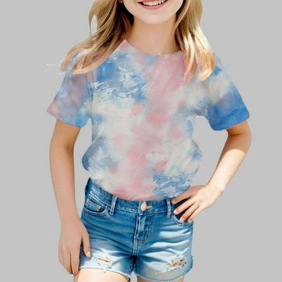 TYGHBN Girls' Tie Dye Print Short Sleeve T Shirt Summer Fashion Casual Round Neck Tee for Toddler & Kids Undershirt with Shelf Bra Nation Clothes for Teens Girl Shirt Long Sleeve Girls Shorts Pajamas