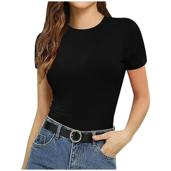 TYGHBN Ladies' Autumn and Summer Fashion Casual Solid Color Slim Fit Pullover T Shirt Women's Streetwear Base Shirt Short Sleeved Top T Shirt Pack Shirt Women Compression Shirts Women Casual Tee T