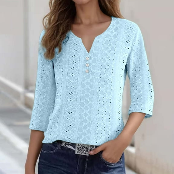 TYGHBN Ladies Fashion Casual Jacquard Three Quarter Sleeve Top Stylish and Comfortable Blouse for Everyday Wear Woman Summer Tops Violet Shirt Womens Stripes Shirt Oversized Tee for Women Womens