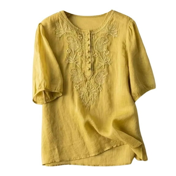 TYGHBN Ladies Fashion Leisure Spring Summer Literary Retro Loose Design Sense Embroidery Round Neck Thin T Shirt Top Short Sleeve T Shirt Womens Short Sleeve Shirts Woman Tee Shirt Loose Fit Athletic