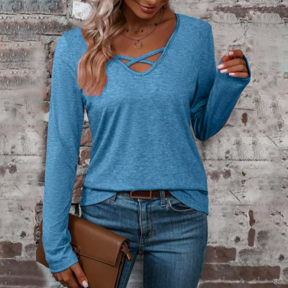 TYGHBN Ladies' New V Neck Long Sleeve Solid Color Casual T Shirt Women Athletic Shirt Exercise Tops Dark Tee Shirt Women Tee Shirts Pack Short Women Spandex Long Sleeve Shirt Pack of T Shirts Women