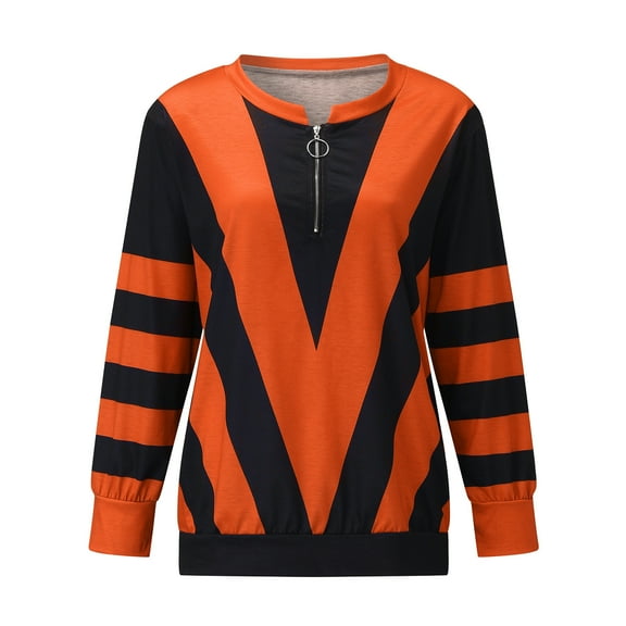 TYGHBN Ladies Temperament Zipper V-shaped Strip Printing Long-Sleeved T-shirt Top Womens Active Shirt Womens Tees Short Sleeve Shirt Juniors Womens Neck Tops Long Sleeve Womens T Shirt Athletic Tops