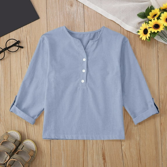 TYGHBN Linen Shirts for Girl 3/4 Sleeve V Neck Blouses Buttons Loose Fit T Shirts Solid Color Summer Holiday Tops Children's Tee Shirts Dance Toddler Girls Tops 5t Cat and Birthday Shirt 2 Girl 2t