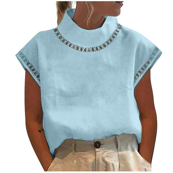 TYGHBN Linen Tops for Women 2024 Casual Cap Sleeve Summer Shirts Loose High Neck Tshirt Dressy Casual Blouses T Shirt for Women Summer Athletic Wear for Woman Womens Shirts Short Sleeve Womens Tops